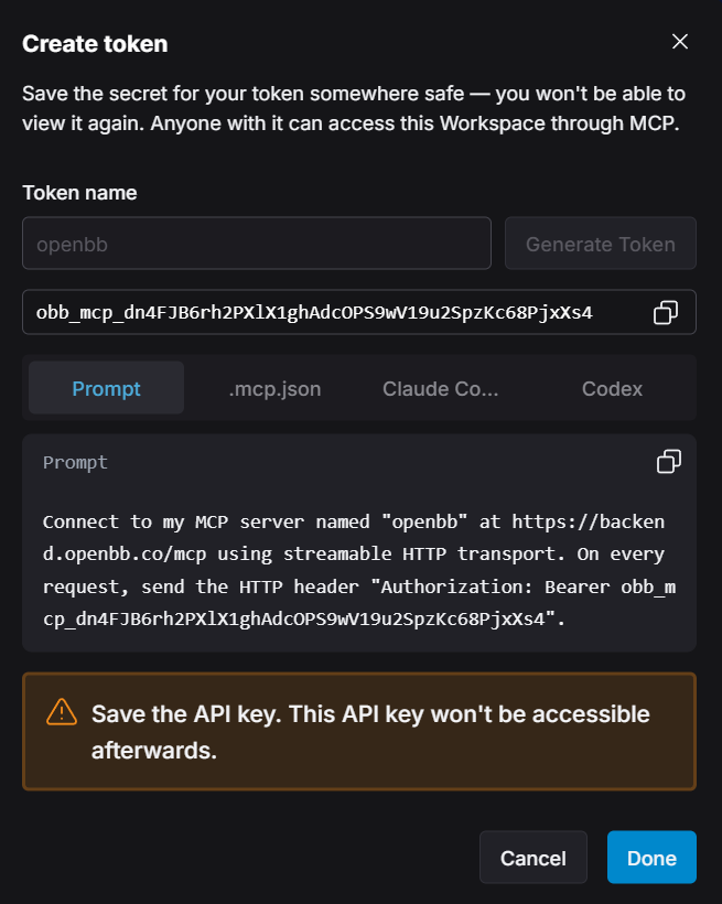Create token dialog showing the generated token and the connection snippet tabs