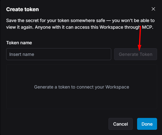 Create token dialog with the token name field and Generate Token button